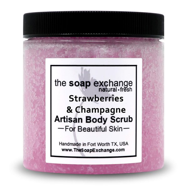 The Soap Exchange Sea Salt Body Scrub - Strawberries & Champagne Scent - Hand Crafted 8 fl oz / 240 ml Natural Artisan Skin Care, Shea Butter, Exfoliate, Moisturize, & Protect. Made in the USA.