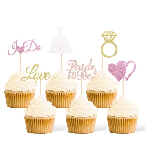 Gexolenu 24 Pcs Bride To Be Cupcake Toppers Glitter Double-Sided I Do Gold Love Pink Heart Diamond Ring Cupcake Picks Decorations For Bridal Shower Wedding Engagement Party Supplies