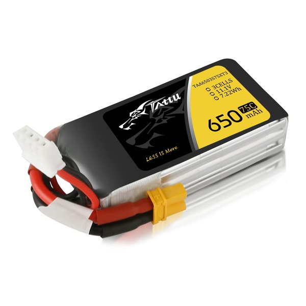 Tattu 11.1V 650mAh 75C 3S1P LiPo Battery Pack with XT30 Plug for 90 to 180 Size, Torrent 110, Lizard 95 Quadcopters