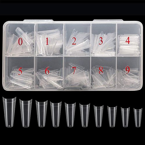 Vodisa Clear Nail Tips 500pcs Acrylic Fake Nails with Storage Case 10 Sizes Long False Nail for Lady Nail Salons and Home DIY Nail Art (French Coffin Nails)