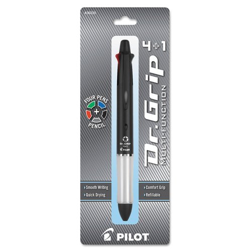 Pilot Dr. Grip 4+1 Multi-Function Refillable & Retractable Ballpoint Pen + Pencil, Fine Point, Black Barrel, Black/Red/Blue/Green Inks, Single Pen (36220)
