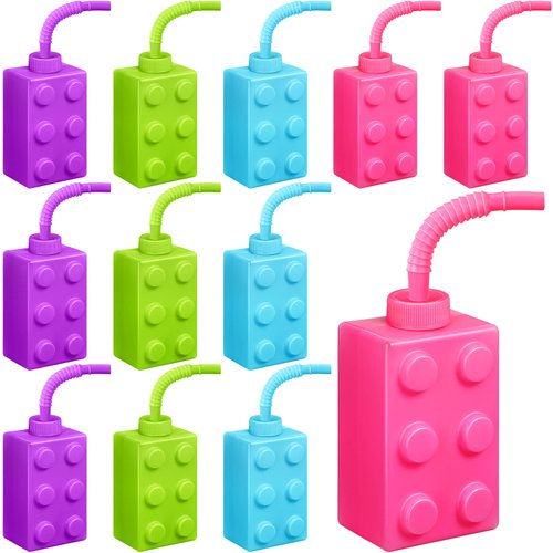 Mumufy Building Blocks Cups with Straw and Lids, 10 oz Reusable Kids Cup Brick Party Plastic Cups for Block Birthday Party Supplies Favors (12 Sets)