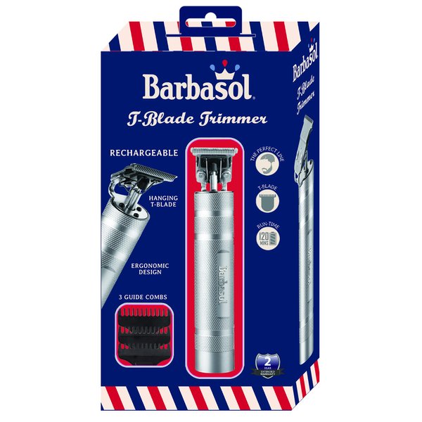 Barbasol Stainless-Steel Rechargeable Zero-Gapped T-Blade Trimmer, Hanging Blade, 3 Guide Combs