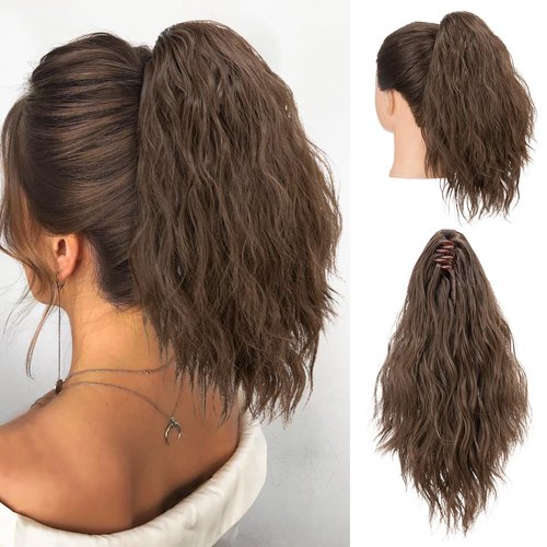 SARLA Short Ponytail Extension Claw Clip in 13 Inch Fluffy Synthetic Curly Wavy Pony Tail Hairpiece for Women Medium Brown