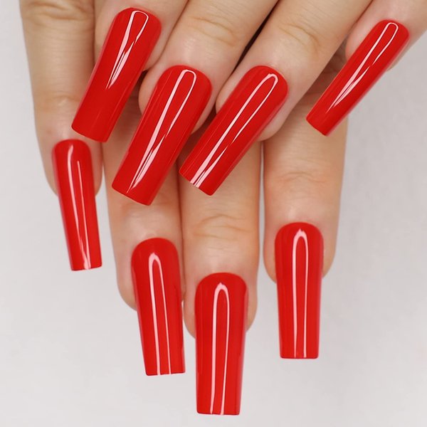 Kikmoya Extra Long Square Press on Nails Red Glossy Fake Nails Full Cover False Nail Tips Artificial Nails Acrylic Nails Press-On Manicure Solid Color Stick on Nails for Women and Girls (Red)