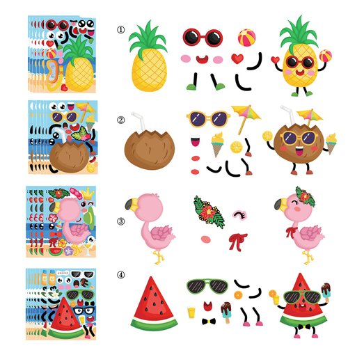 24PCS Make-A-Face Sticker Sheets, Make Your Own Flamingo Pineapple Stickers, Stickers of Kids Favorite Luau Party, Summer Beach Mix and Match Stickers for Boy Girls