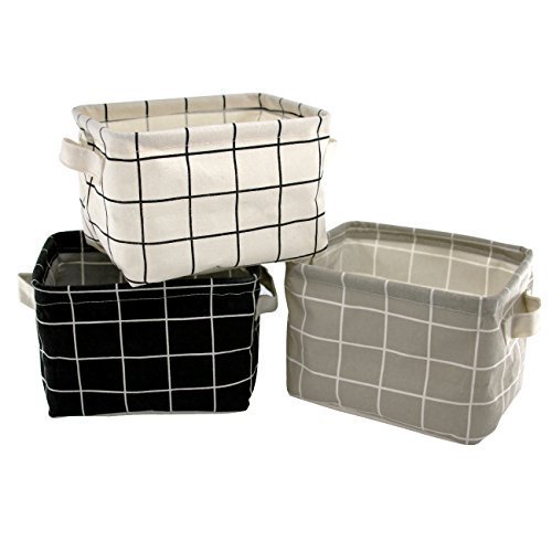 Shuiniba Stylish Storage Basket Cotton and Linen Fabric Mini Storage Cubes Nursery Storage Baskets with Handles for Shelves & Desks (Set of 3)