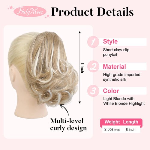 Flufymooz Ponytail Extension, 8 inch Short Claw Ponytail Extension Wavy Curly Jaw Clip in Pony tails Hair Extension Natural Synthetic Hairpiece for Women (Light Blonde with White Blonde Highlight)