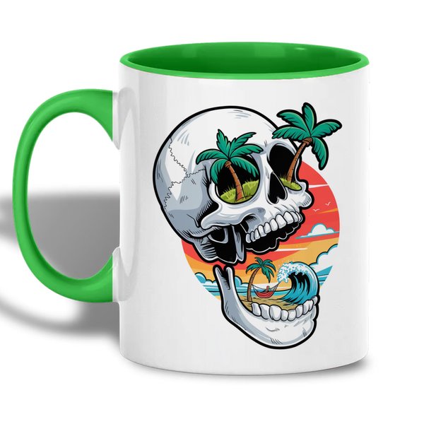 Skull Tropical Island Design Ceramic Mug, 11oz Coffee Cup for Beach Lovers, Unique Summer Vacation Gift, Ocean Sunset and Palm Tree Theme Mug for Office, Home, Reusable Eco-Friendly Tea Cup for Hot