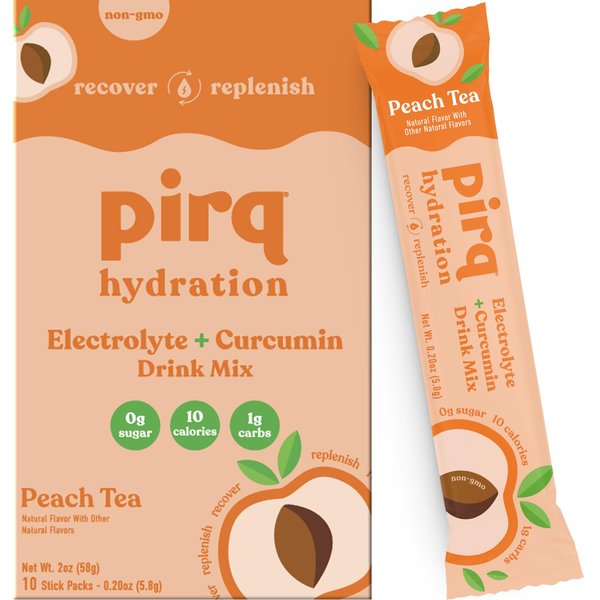 Pirq Hydration - Peach Tea - Hydration Powder Packets | Electrolyte Drink Mix | Curcumin | B Vitamins | Zero Sugar | Keto Friendly | 10 Sticks