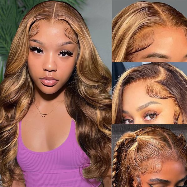 SKYDO Highlight Ombre Lace Front Wig Human Hair 13x4 HD Lace 4/27 Highlight Honey Blonde Body Wave Lace Front Wigs Human Hair Pre Plucked Hairline 180% Density Body Wave Wigs for Black Women 24inch