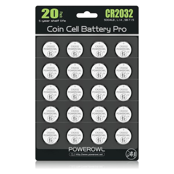 POWEROWL High Capacity CR2032 Battery (20-Pack) 3v Lithium Batteries, 10 Years Leak-Free, Long Lasting Cr 2032