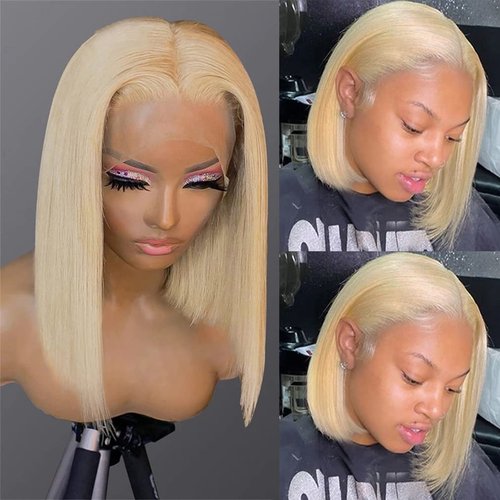 Smartinnov T Part Lace Frontal 613 Bob Wig Virgin Human Hair Pre Plucked 8Inch Silky Straight 13x1x4 Lace Front with Baby Hair Middle Part 180% Density Bleached Knots Blonde Bob Wigs for Women