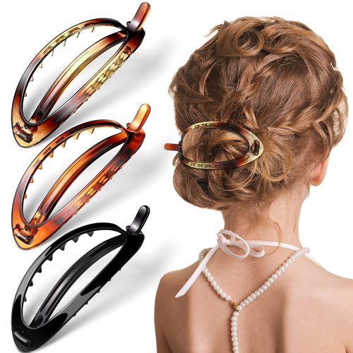 3 Pieces French Hair Barrette Clip Oval French Clips for Hair Flexible Ponytail Holder Plain Strong Grip Closure Barrettes Styling No Metal Hair Accessories for Women Girls, 3 Colors