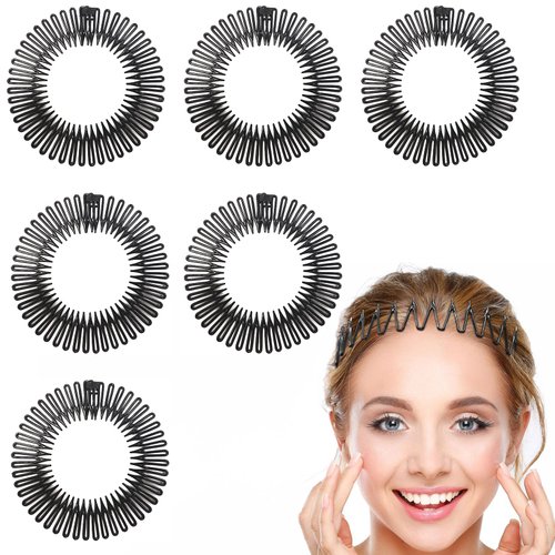 6 PCS Full Circular Stretch Comb Headbands Plastic Flexi Comb Circle Headbands with Teeth for Women's Hair Flexible Plastic Circle Comb Women Lady Stretch Plastic Full Circle Hair Comb (Black)
