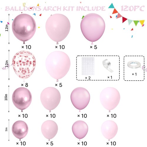 Pink Balloon Garland Arch Kit,120PCS Light Pink Metallic Pink with Pink Confetti Balloons,for Birthday,Baby Shower,Princess Wedding Party Decorations