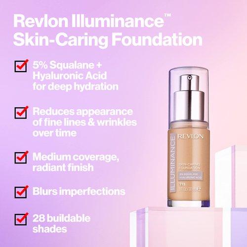 Revlon Illuminance Skin-Caring Liquid Foundation, Hyaluronic Acid, Hydrating and Nourishing Formula with Medium Coverage, 213 Light Natural, 1 fl oz