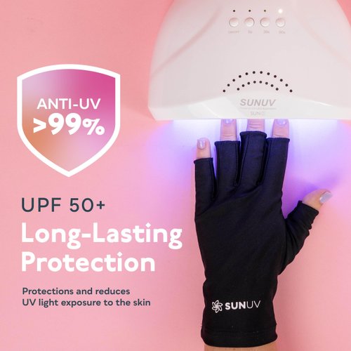 SUNUV LED Gloves for Gel Nails, UPF 50+ Anti UV Gloves for Gel Nail Lamp, Professional UV Gloves for Nail Techs Black Gloves