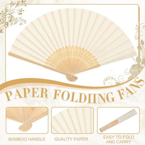 Yinkin 4 Pack Folding Fans Bamboo Handheld Folded Craft Japanese Chinese Line Dancing Fans for Weddings Bridal DIY Decoration Women Kids Gift Party Favors(Cream)