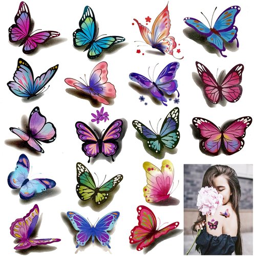 Casciybo 30Sheets Butterfly Temporary Tattoos for Women Kids Girls, Fake Flower Colorful 3D Butterflies Wings Tattoo Stickers Art Waterproof for Face Body Birthday Party Supplies Favors Gifts