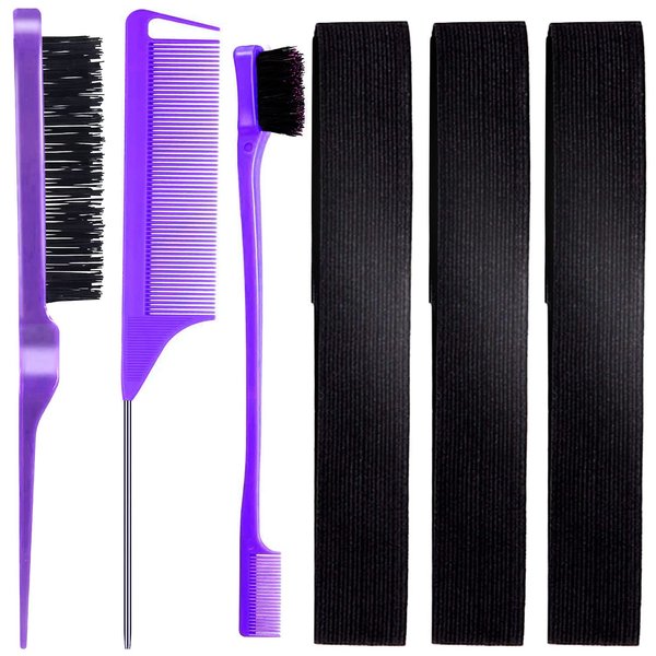 Hair Brush and Lace Melting Band Set, 3 Row Teasing Brush Bristle Hair Brush Teasing Brush Parting Comb Rat Tail Comb Dual Edge Brush and Adjustable Elastic Bands for Wig Edges (Purple)