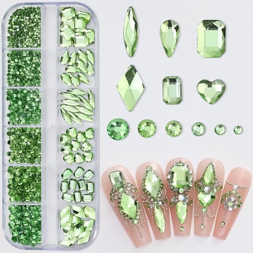 Green Nail Art Rhinestone, 3D Crystal Nail Diamond Gem, Flatback Rhinestones Multi Shapes Sizes Nail Design for Women Girls Manicure Charms Decorations, DIY Jewelry Making Craft Supplies