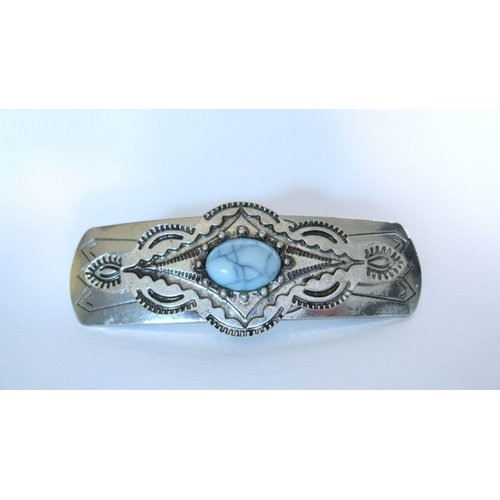 Generic Blue stone silver distressed metal native tribal hair clip barrette