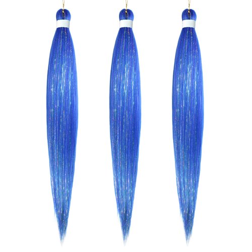 Savasana Dark Blue with Tinsel Pre stretched Braiding Hair, 26 Inches Kanekalon Box Braids Hair Extensions, 3 Packs Yaki Texture Braiding Hair Pre stretched