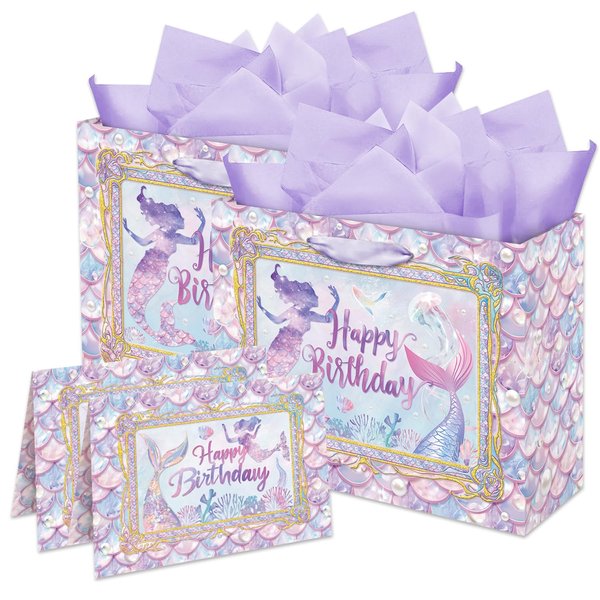 ENERFLAT Mermaid Gift Bag Set – 2 Sets 13 Inch Mermaid Party Supplies for Girls – Little Mermaid Birthday Bag with Wrapping Paper and Card – Perfect Mermaid Party Favors & Mermaid Goodie Bags