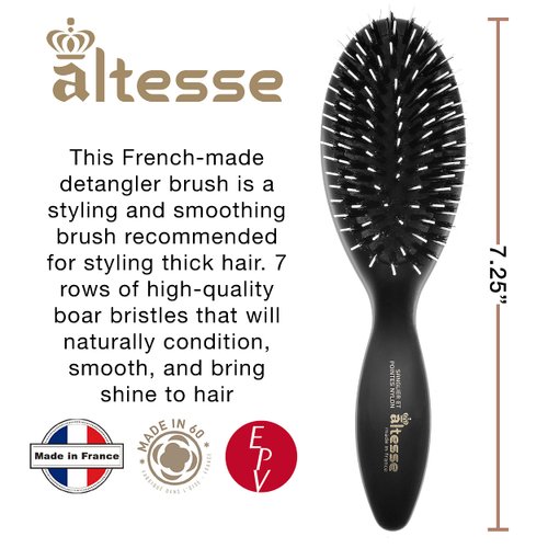 Altesse 8907 Natural Bristle Hair Brush Detangler Brush Medium Air Cushion Matte Black Handle with 7 Rows of Black Boar Bristle and Nylon Hairbrush for Thick Hair Styling and Detangling Made in France