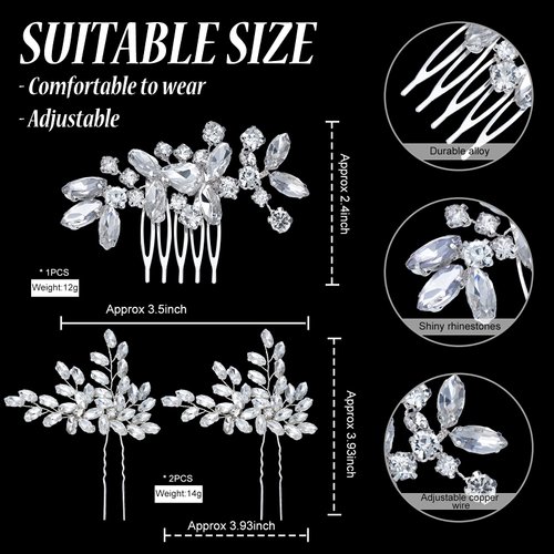3 Pieces Bride Wedding Hair Comb Crystal Silver Bridal Hair Side Comb Rhinestone Hair Pieces Hair Pin Accessories for Women and Girls
