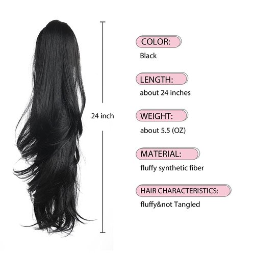 HSPJHTM Ponytail Extension, Black Hair Extensions Extension Claw for Women Curly Piece 24" Synthetic Pony Tail Very Long & Voluminous Curled Wavy Heat-Resisting