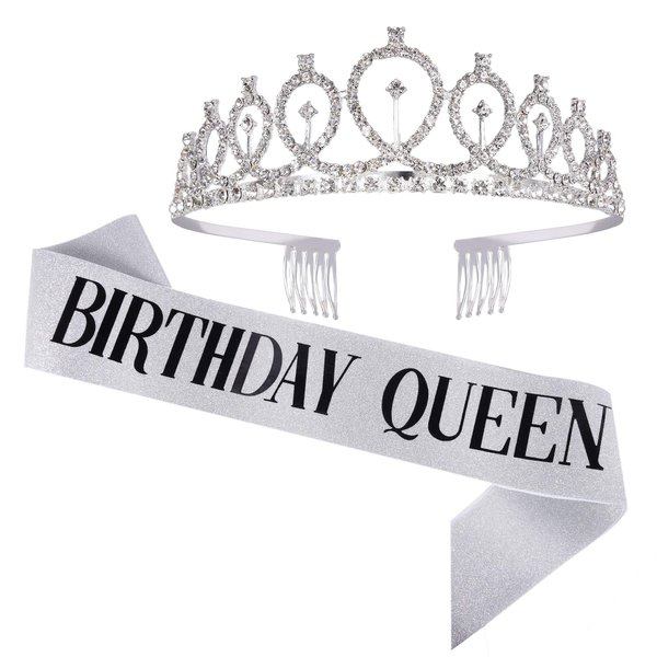 TOBAAT Birthday Sash and Tiara for Women, Silver Crystal Crown with Combs Birthday Sash for Women Holiday Decorations