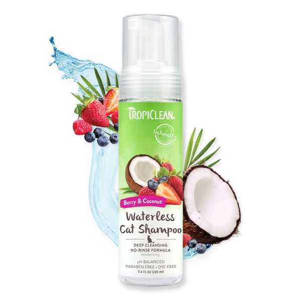 TropiClean Berry Coconut Waterless Cat Shampoo | Deep Cleansing Dry Shampoo for Cats | Natural Cat Shampoo Derived from Natural Ingredients | Made in The USA | 7.4 oz.
