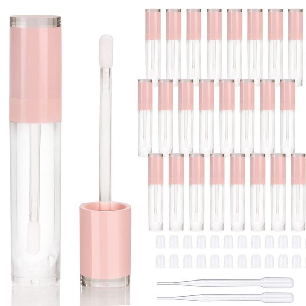 COSIDEA 26 pcs Refillable Empty 8ml Lip Gloss Tubes with clear Wand，Round Pink Lipgloss Containers，DIY cosmetic packing Container Bulk Wholesale