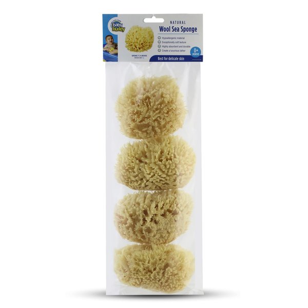 Baby Buddy Natural Wool Sea Sponge, Baby Bath Sponge, Soft on Tender Skin, Hypoallergenic, Brown, 4.5in, 4 Count