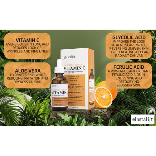 Elastalift Vitamin C Facial Serum For Age Spots, Wrinkles, & Expression Lines. Anti-Aging Face Serum W/Vitamin C & Hyaluronic Acid Brightens Skin To Promote Healthier Skin Complexion (2-Pack)