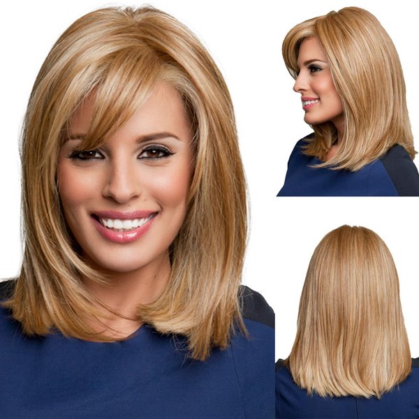 GNIMEGIL Wigs Strawberry Blonde Wig with Bangs Synthetic Hair Full Natural Wig Straight Medium Length Bob Wig Halloween Costume Wigs for Women Cosplay Wigs 14"