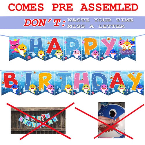 Baby Shark Happy Birthday Banner DOO Garland Shark Theme Party Supplies For Kids Baby Shower Party and Children Birthdays Party Decorations Set of 15 flags