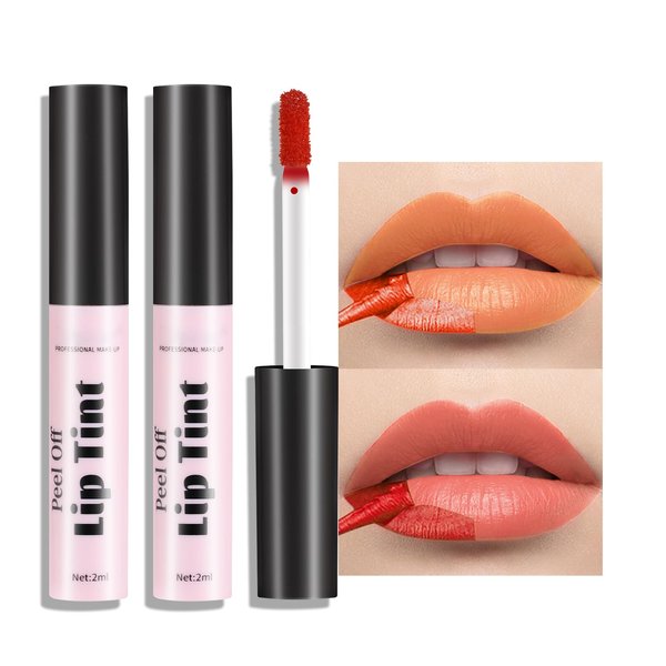 Erinde 2 Colors Peel Off Matte Lip Tint Stain, Magic Tattoo Lip Gloss, Waterproof Tinted Lip Stain, Non-Stick Cup, Long Lasting Natural Nude Matte Lip Makeup, Set A