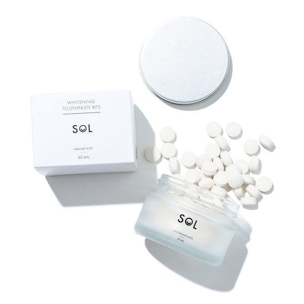 Sol Teeth Whitening Eco Friendly Toothpaste Tablets, Zero Waste Toothpaste Bits, Travel Friendly Reusable Glass Jar, Plastic Free, Vegan, Fluoride Free, Clean Fresh Breath, Mint Flavor Tabs, 60 Tablet