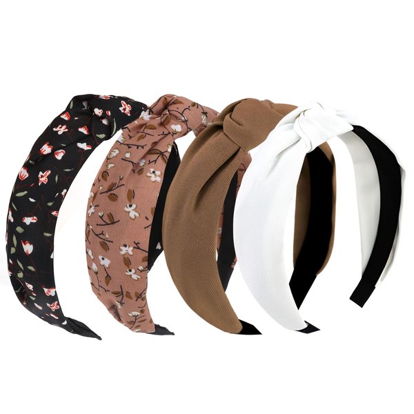 YISSION 4PCS Knotted Headbands for Women Girls Non Slip Flower Printed Head Bands Top Knot Headband for Women Black White Brown Headband Hair Accessories for Women