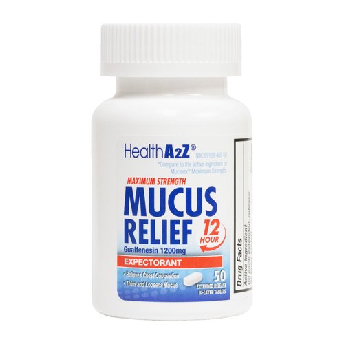 HealthA2Z® Mucus Relief | Guaifenesin 1200 mg | 50 Tablets | Maximum Strength | 12 Hour | Expectorant | Relieves Chest Congestion | Thins and Loosens Mucus (50 Tablets)