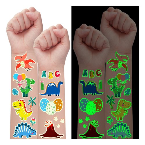 Partywind 350 Styles Glow Dinosaur Party Favors for Kids, 30 Sheets Luminous Dinosaur Temporary Tattoos for Boys Birthday Party Supplies, Toddler Goodie Bag Stuffers for Party Decorations