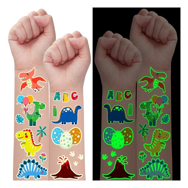 Partywind 350 Styles Glow Dinosaur Party Favors for Kids, 30 Sheets Luminous Dinosaur Temporary Tattoos for Boys Birthday Party Supplies, Toddler Goodie Bag Stuffers for Party Decorations