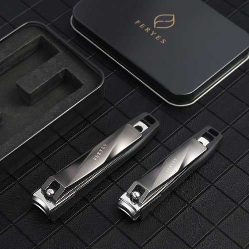 FERYES Nail Clippers with Catcher 2 PCS Set, No Splash Fingernail Clipper and Toenail Clipper, Stainless Steel Nail Cutters - W/Black Metal Case Packing