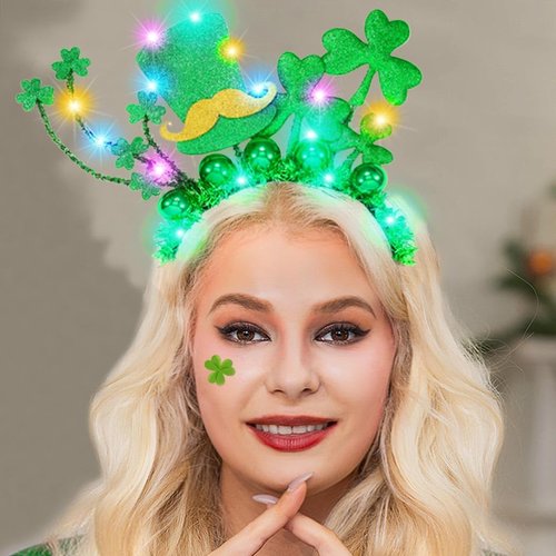 Kilshye St Patricks Day Light Up Headband LED Green Shamrock Hair Accessories Festival Headpiece for Women and Girls