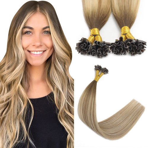 Sindra U Tip Hair Extensions Human Hair Color Darker Brown to Highlighted Blonde 16inch New Generation Fusion Keratin Hair Extensions 50 Strand 40Grams（Utip#3/8/22-16inch）