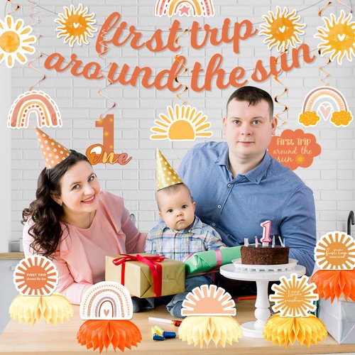 First Trip Around The Sun Decorations, First Birthday Decorations for Girl Include Boho Sun Banner Hanging Swirls and Honeycomb Centerpiece, 1st Birthday Party Supplies Girl