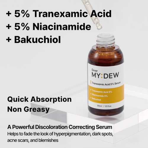 DearMYDEW 5% Tranexamic Acid Serum with 5% Niacinamide, Bakuchiol, Discoloration Correcting Serum, Faded Hyperpigmentation, Dark Spot, Acne Acar, Sun Spots, Blemish Remover, Korean Skincare,1Fl Oz